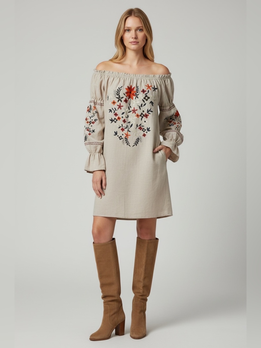 Listicle Beige Off-Shoulder Embroidered Shift Dress with Red Floral Accents Sz/M
